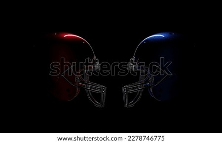 Dramatic 3D rendered Red vs. Blue football helmet over black background with clipping mask.
