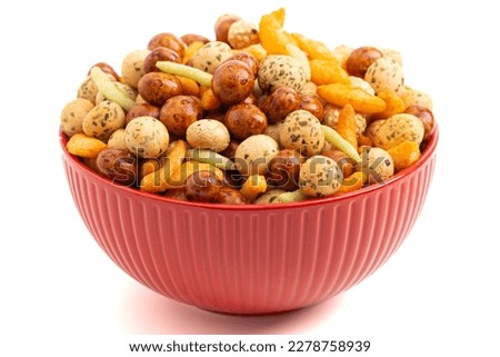 A Trail Mix of Various Rice Crackers a Spicy and Salty Snack Isolated on a White Background Royalty-Free Stock Photo #2278758939