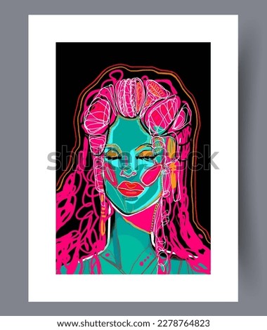 Portrait woman beautiful fantasy wall art print. Printable minimal abstract woman poster. Wall artwork for interior design. Contemporary decorative background with fantasy.