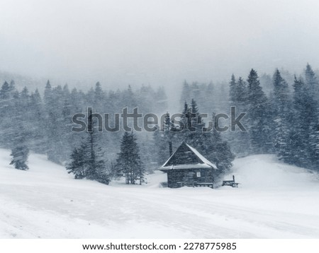 A mountain hut during a snowstorm. Falling snow, cottage in the background Royalty-Free Stock Photo #2278775985