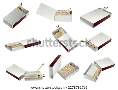 Collection of matchboxes. Opened matchbox. Sulphur and wooden sticks lying in open case. Top view and isometric projection vector illustration isolated on white background Royalty-Free Stock Photo #2278791763