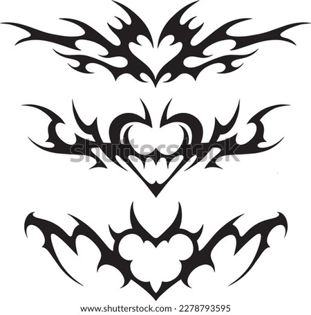 Neo tribal y2k tattoo with heart shape. Cyber sigilism style hand drawn ornaments. Vector illustration of black gothic tribal tattoo designs Royalty-Free Stock Photo #2278793595
