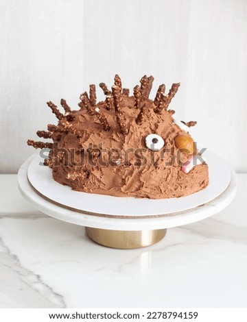 Funny ugly hedgehog cake for children's birthday made of chocolate and sweets Royalty-Free Stock Photo #2278794159