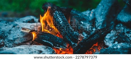 Vivid smoldered firewoods burned in fire close-up. Atmospheric warm background with orange flame of campfire. Unimaginable full frame image of bonfire. Burning logs in beautiful fire. Wonderful flame. Royalty-Free Stock Photo #2278797379