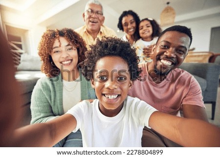 Generations, smile and selfie with black family in living room for social media, bonding and relax. Happiness, picture and proud with parents and children at home for memory, support and weekend