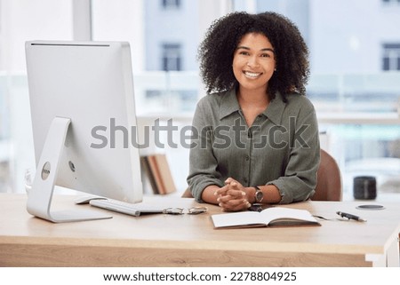 Happy, smile and computer with portrait of black woman in office for proposal, business and corporate project. Technology, internet and professional with employee for email, report and research