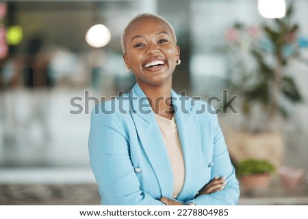 Agency, office portrait and happy black woman, business leader or worker confident for startup company mission. Management, corporate person and African female, bank admin or professional consultant Royalty-Free Stock Photo #2278804985