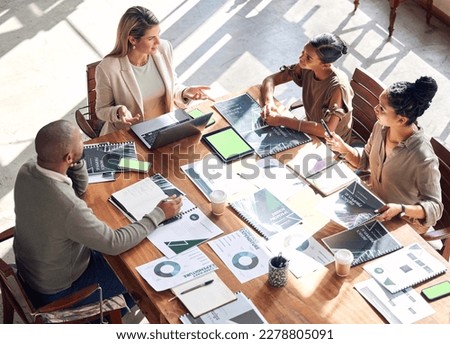 Business meeting, planning and people manager with digital marketing strategy, data analytics and technology green screen. Employees startup, brainstorming charts and graphs in workshop ideas above