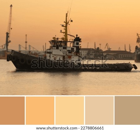 Color palette swatches of boat in port, floating in orange water, reflecting evening sunset sky. Pastel trendy combination of sundown warm shades and tones. Colorful inspiration from natural beauty.