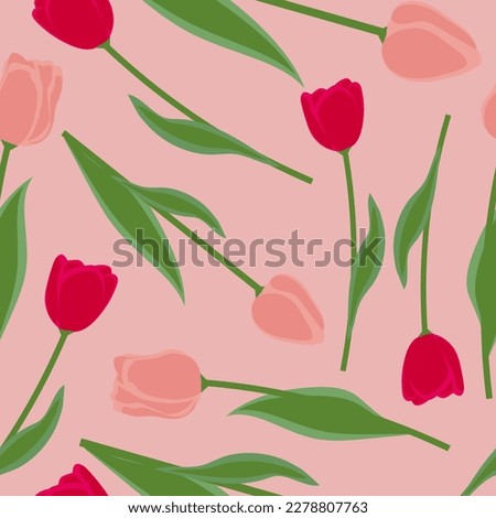 Trendy pattern with pink and scarlet tulips on pink background, great design for any purpose. Modern botanical pattern. Vintage seamless floral pattern. Modern abstract design template. 