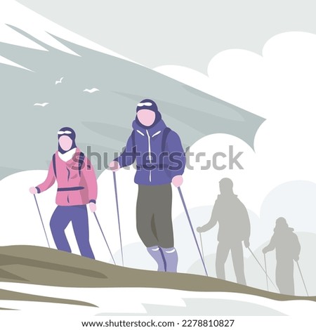 Group of climbers with backpacks on the mountain. Cloud, cold and snow. Adventure, active sport and challenge. Vector illustration