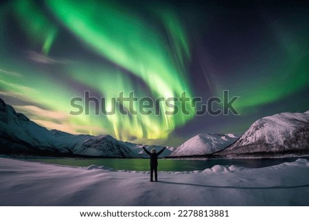 Person standing in a snowy landscape with the northern lights in the sky Royalty-Free Stock Photo #2278813881