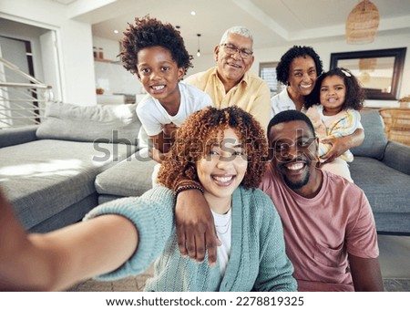 Relax, smile and selfie with black family in living room for social media, bonding and proud. Happiness, picture and generations with parents and children at home for memory, support and weekend