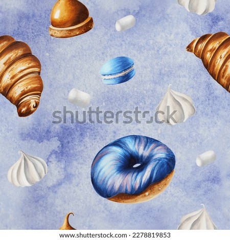 Watercolor seamless pattern with meringue, marshmallows, blueberry donut, macaroons, croissant, orange souffl. Hand painting sweet on a white isolated background. For designers, menu, shop, bar