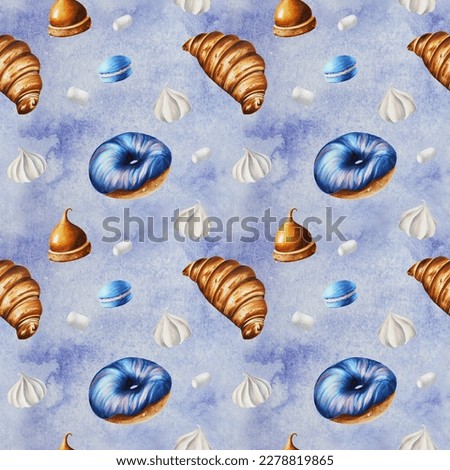 Watercolor seamless pattern with meringue, marshmallows, blueberry donut, macaroons, croissant, orange souffl. Hand painting sweet on a white isolated background. For designers, menu, shop, bar
