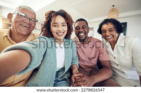 Happy, smile and selfie with black family in living room for social media, bonding and relax. Happiness, picture and generations with couple and elderly parents at home for memory, support or weekend