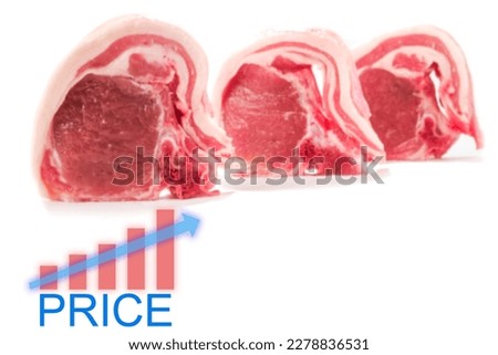 Sign price and increasing graph of rising food prices. Three raw lamb chops on white background. Meat product of high quality and value. Food supply business.