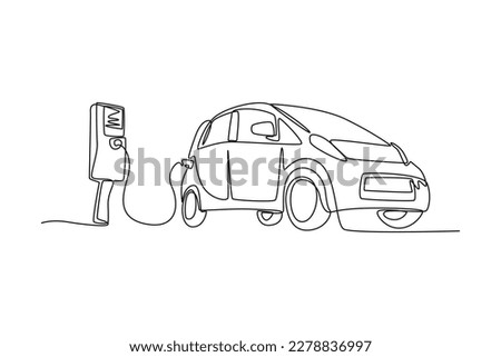 Continuous one-line drawing of modern electric car is charging. Electric car concept single line draws design graphic vector illustration