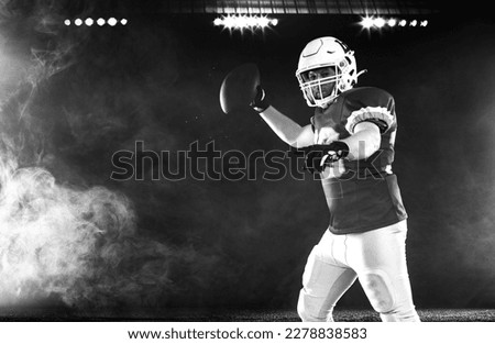 American football player on stadium in action. Template for a sports magazine on the theme of American football with copy space. Mockup for betting advertisement.