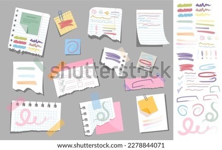 Paper with felt tip pens set. Collection of pieces of sheets with lines of colorful pencils. To do list and planning. Memo and notebook. Cartoon flat vector illustrations isolated on grey background Royalty-Free Stock Photo #2278844071