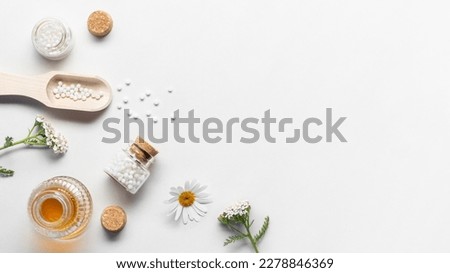 Homeopathic medicines and medicinal plants on a light background, copy space, flatlay Royalty-Free Stock Photo #2278846369