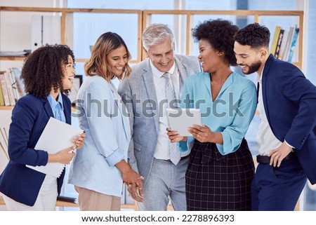Business people, tablet and laughing in team meeting for funny meme, joke or social media post at the office. Corporate employees laugh with touchscreen for fun comedy with ceo at workplace