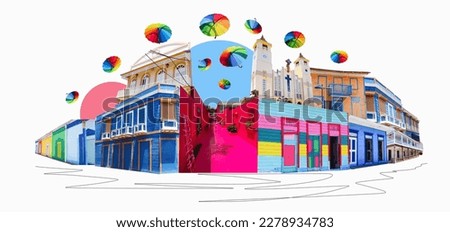 Colorful buildings in center of Puerto Plata, Dominican Republic. Collage. Pink street with green plants, windows, street lams, decorative caribbean entourage in old city victorian style. Art design Royalty-Free Stock Photo #2278934783