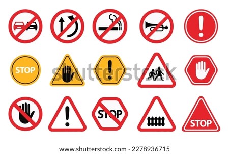 Stop and problem Signs with road warning and alarming signs for no overtaking, no smoking, no horn, stop sign, school crossing, parking, caution, and no stoppage. Danger signs and vehicle indicator Royalty-Free Stock Photo #2278936715