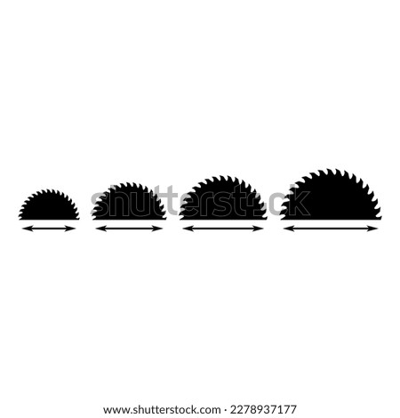 Circular saw blade with size and double arrow. Set of saw blades of different diameters.