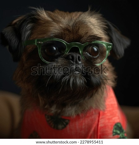 Brussels griffon dog wearing red glasses and scarf on black background.