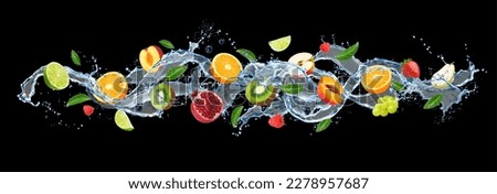 Water wave splash with fruits, background for fruit juice drink, realistic vector. Orange, apple, strawberry and raspberry berry with grape and lime fruits in splash of fresh water wave in pour flow Royalty-Free Stock Photo #2278957687