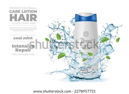 Menthol shampoo bottle with corona water splash and mint leaves. Realistic 3d vector hair lotion in transparent liquid flow with ice cubes and peppermint foliage. Cosmetics professional care bottle
