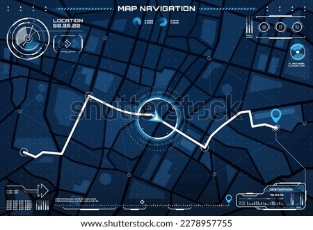 HUD city map navigation interface screen, route, dashboard. Vector streets and roads plan with destination route and pin, location and distance data, futuristic town roadmap for navigate app ui or gui Royalty-Free Stock Photo #2278957755