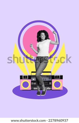 Creative drawing collage picture of energetic smiling afro american girl dancing boombox listen music clubbing chill event prom