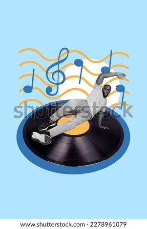 Vertical collage picture of mini black white colors guy breakdance big vinyl record enjoy melody isolated on creative blue background