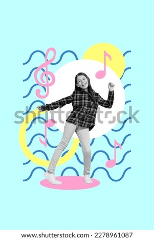 Vertical collage portrait of little black white effect girl have good mood dancing drawing melody symbol isolated on blue background