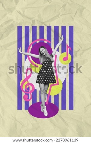 3d retro abstract creative artwork template collage of excited female raise hands smiling positive disco party cool bachelorette event prom