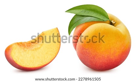 Ripe whole peach and slice isolated on white background. Peach macro studio photo. Peach Clipping Path.