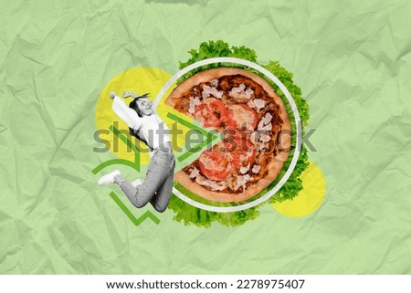 Creative drawing collage picture of jumping excited young funny female enjoy happy pizza restaurant cafe restaurant fastfood lunch foodie