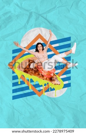 Composite collage picture image of energetic funny smiling positive female have fun enjoy happy pizza cafe restaurant food restaurant snack