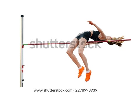 female athlete high jump in athletics event on white background, isolated sports photo
