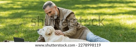 happy middle aged man with grey beard petting labrador dog in park, banner