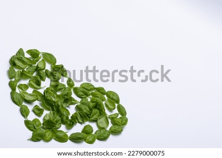 Heart pattern made of basil leaves on a white background with space for inscriptions on the right