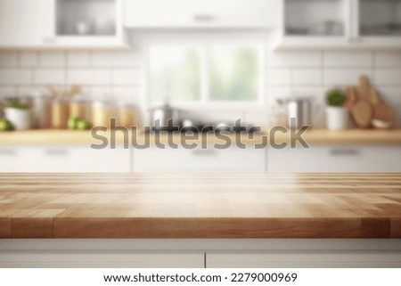 Empty Beautiful wood table  top and blur bokeh modern kitchen interior background in clean and bright, Ready for product montage Royalty-Free Stock Photo #2279000969