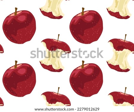 Whole and bitten fresh red apple. Seamless pattern in vector. Dietary and healthy food. Suitable for prints and backgrounds.