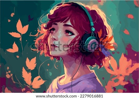 Lofi girl illustration. Young woman looking in the distance. Cartoon drawing of chill relaxed lady. Atmoshperic drawing. Happy hiphop lady listening to music headphone. Calm soothing light in nature. 