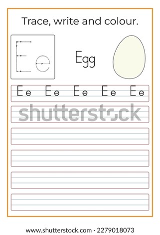 E for Egg. English uppercase letter tracing handwriting worksheet and arrow direction alphabet E.  vector Illustration