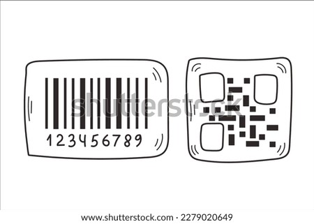Barcode and QR code doodles. Hand drawn datum symbols collection. Doodle barcode. Doodle QR code. Isolated vector illustration set.