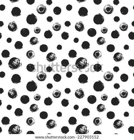 Grunge circle paint smear circles, black and white  seamless vector pattern