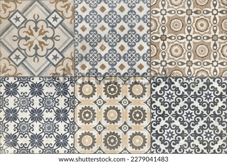 Patterned colonial or heritage tiles in random pattern printed and painted on top of porcelain tiles. Geometric shapes, vintage, fancy pattern. Play and mixture of patterns and shapes. Colorful design